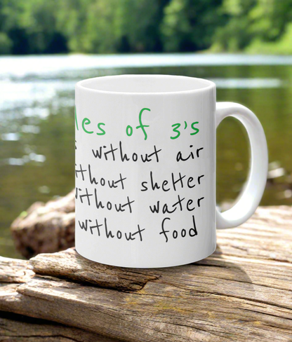 10oz survival tip preppers Mug The rules of 3’s 3 Minutes without air 3 Hours without shelter 3 Days without water 3 Weeks without food